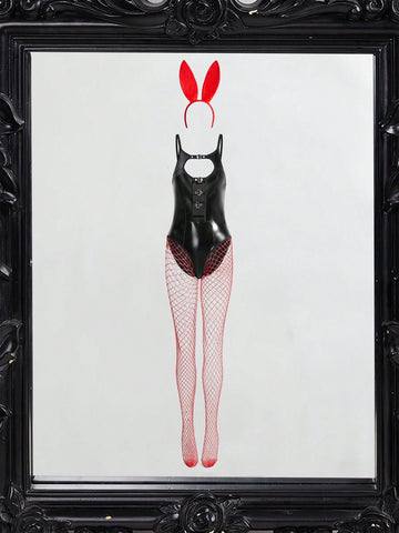 Women's black bunny costume set featuring a cut-out lace-up sleeveless bodysuit with spaghetti straps, fishnet stockings, and headpiece.