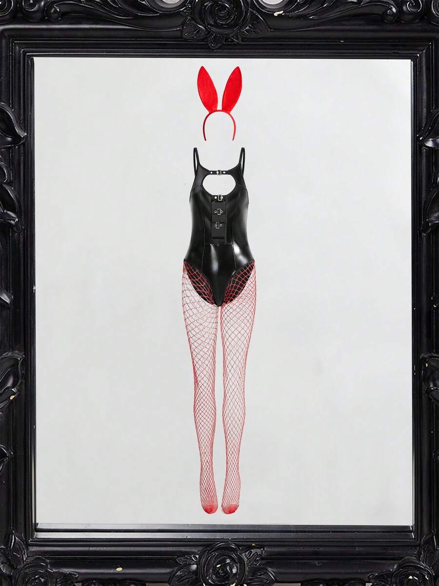 Women's black bunny costume set featuring a cut-out lace-up sleeveless bodysuit with spaghetti straps, fishnet stockings, and headpiece.