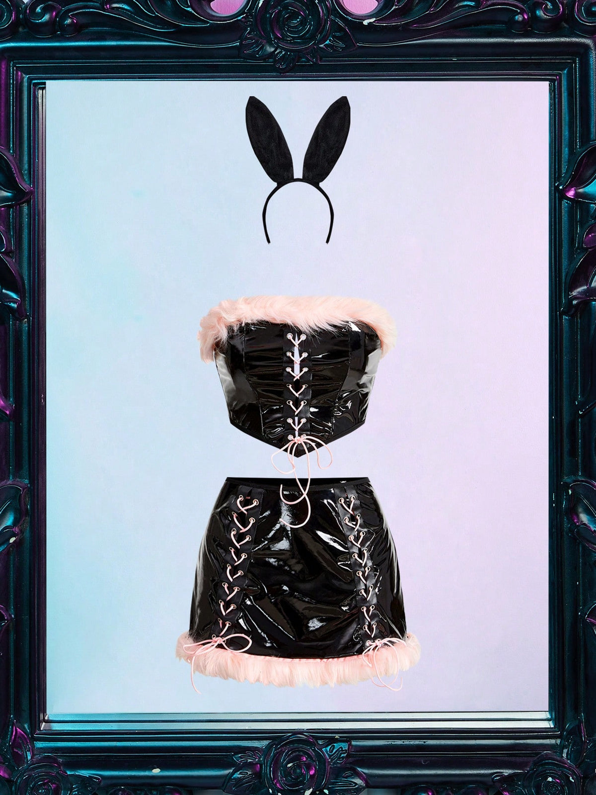Women's 3-piece Halloween costume set featuring a strapless top, lace-up faux fur short skirt, and matching headpiece.