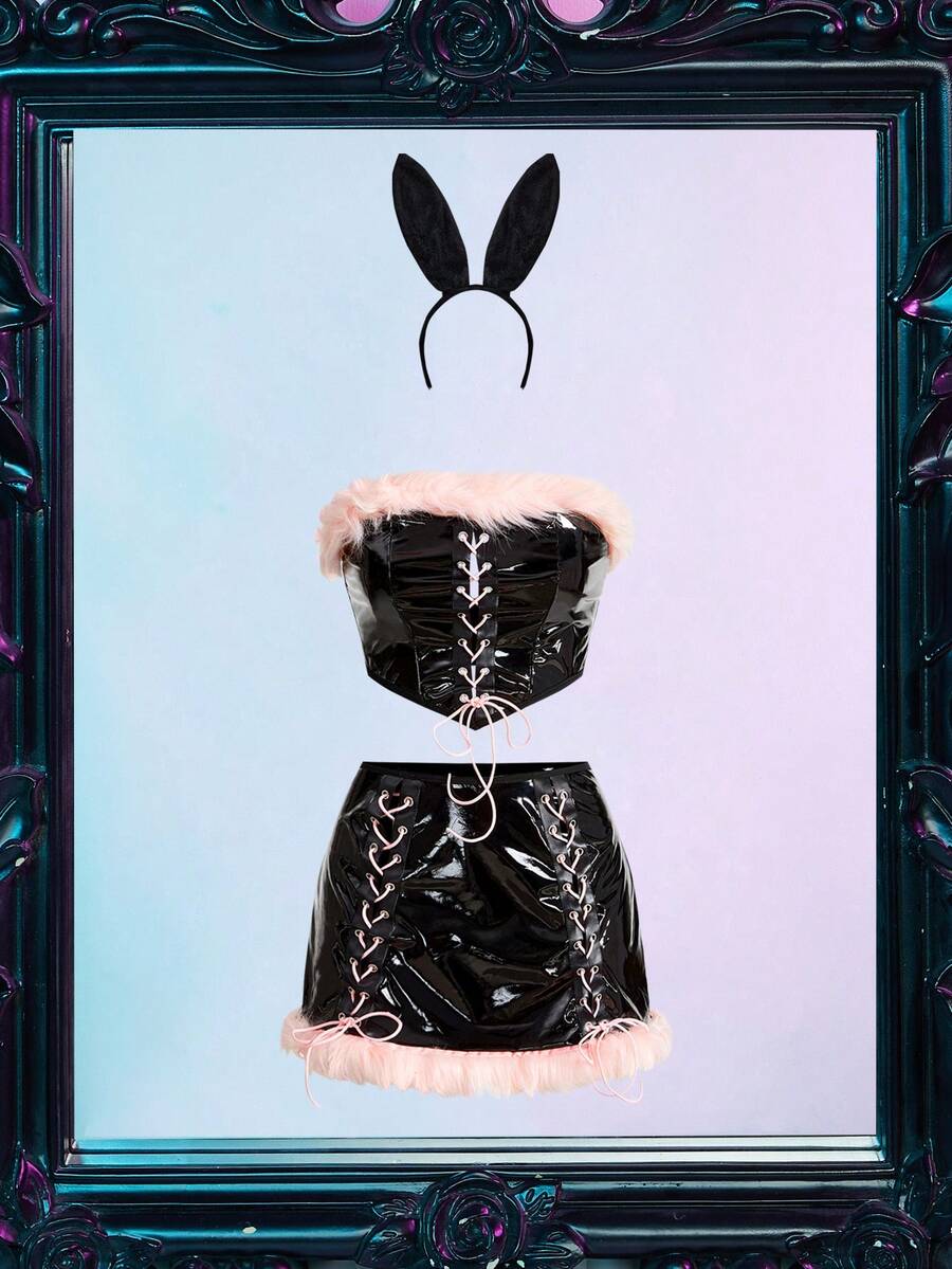 Women's 3-piece Halloween costume set featuring a strapless top, lace-up faux fur short skirt, and matching headpiece.