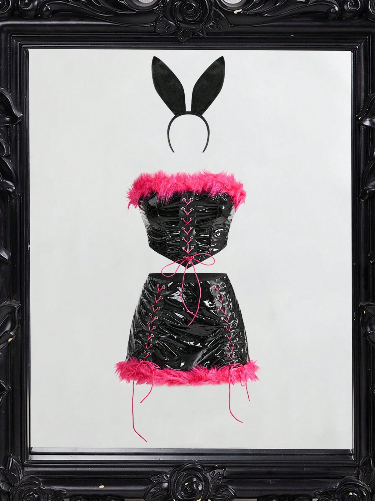 Women's 3-piece Halloween costume set featuring a strapless top, lace-up faux fur short skirt, and matching headpiece.