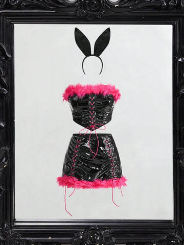 Women's 3-piece Halloween costume set featuring a strapless top, lace-up faux fur short skirt, and matching headpiece.