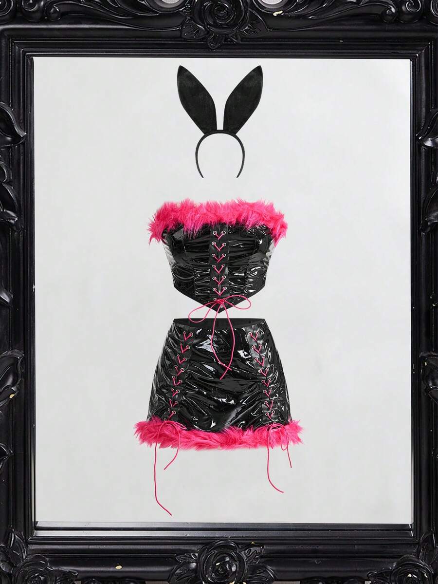 Women's 3-piece Halloween costume set featuring a strapless top, lace-up faux fur short skirt, and matching headpiece.