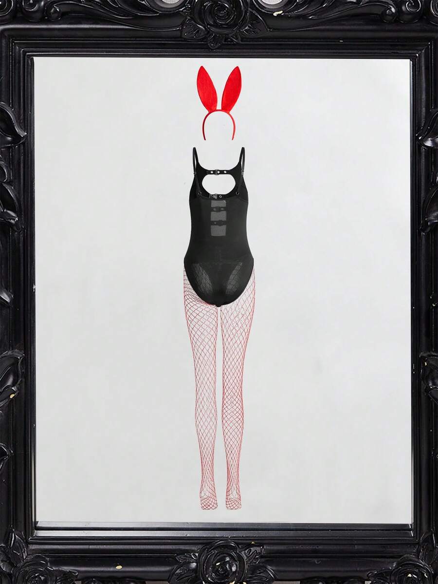 Women's black bunny costume set featuring a cut-out lace-up sleeveless bodysuit with spaghetti straps, fishnet stockings, and headpiece.
