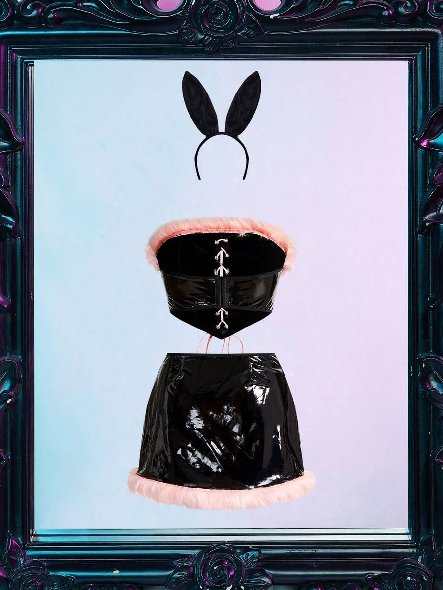 Women's 3-piece Halloween costume set featuring a strapless top, lace-up faux fur short skirt, and matching headpiece.