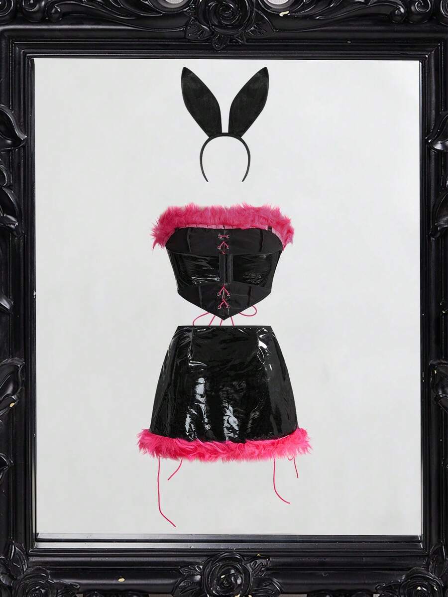 Women's 3-piece Halloween costume set featuring a strapless top, lace-up faux fur short skirt, and matching headpiece.