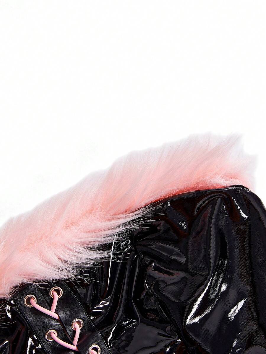 Women's 3-piece Halloween costume set featuring a strapless top, lace-up faux fur short skirt, and matching headpiece.