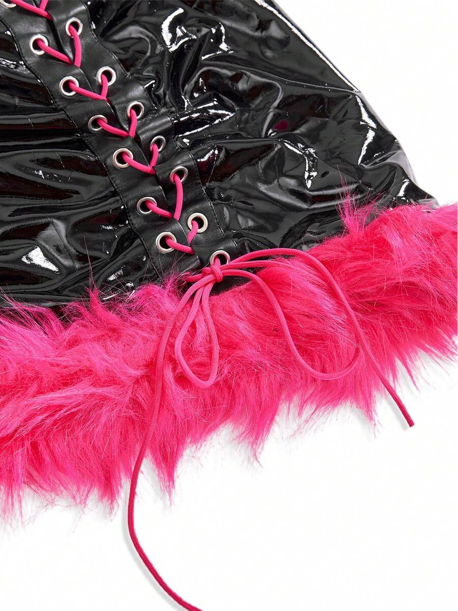 Women's 3-piece Halloween costume set featuring a strapless top, lace-up faux fur short skirt, and matching headpiece.