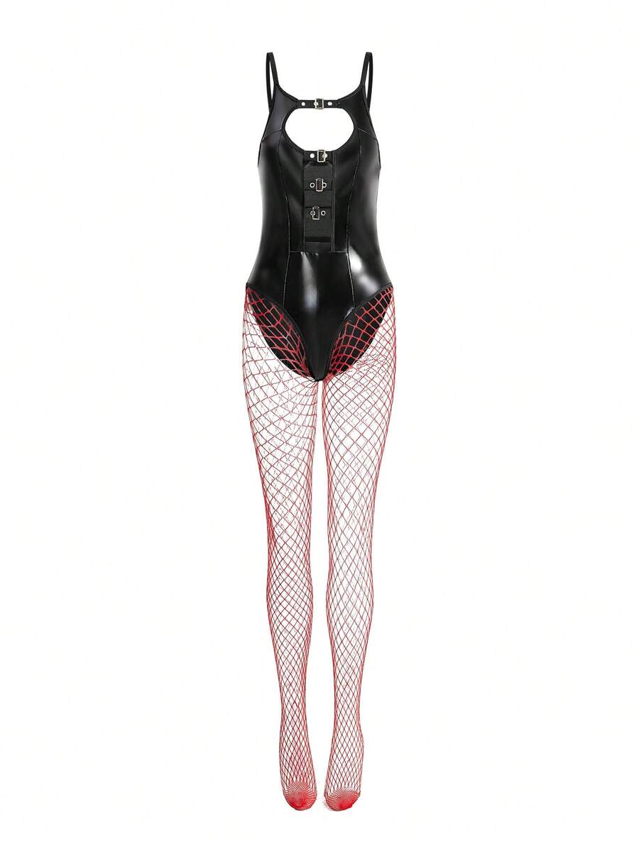 Women's black bunny costume set featuring a cut-out lace-up sleeveless bodysuit with spaghetti straps, fishnet stockings, and headpiece.