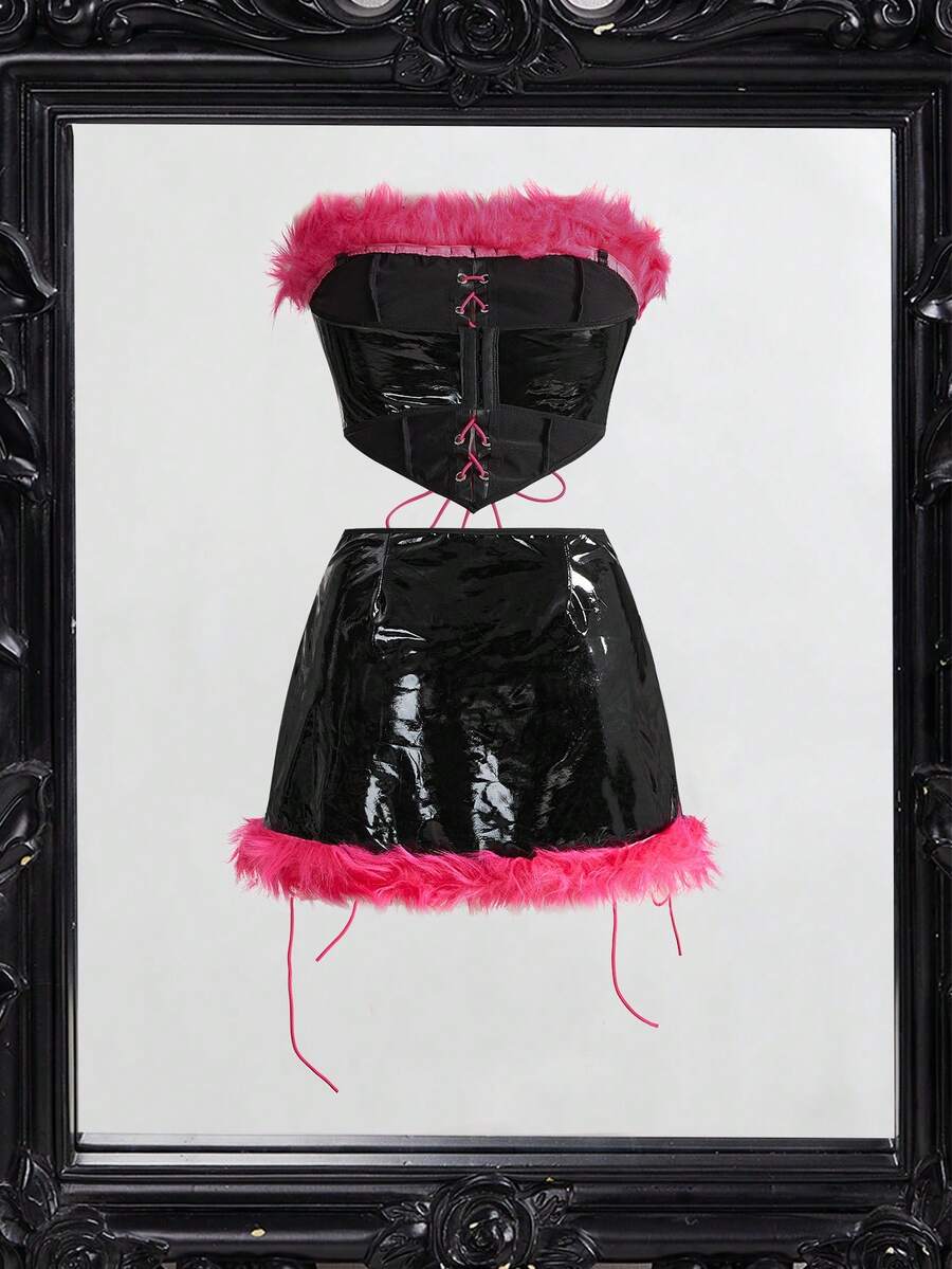 Women's 3-piece Halloween costume set featuring a strapless top, lace-up faux fur short skirt, and matching headpiece.