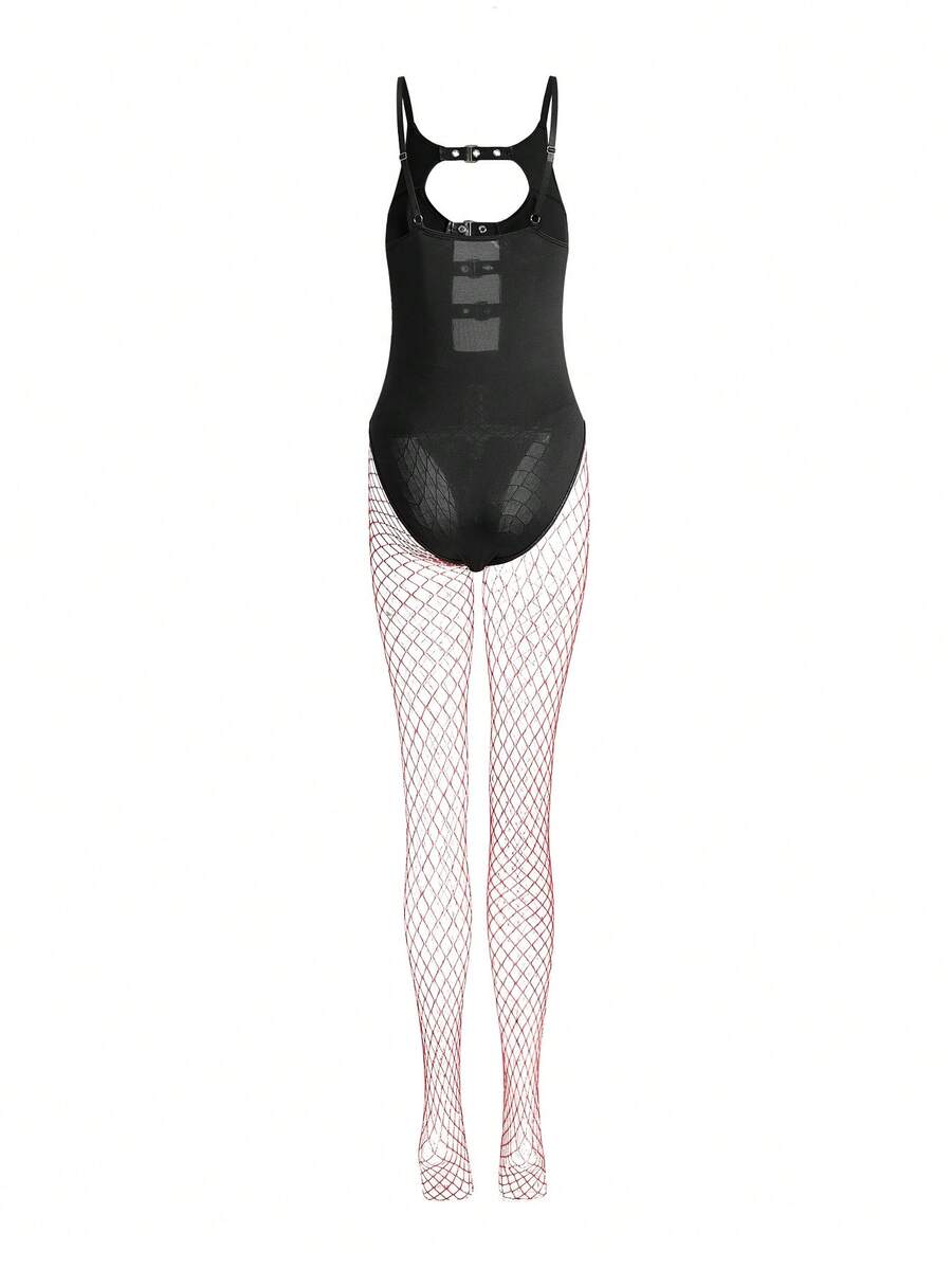 Women's black bunny costume set featuring a cut-out lace-up sleeveless bodysuit with spaghetti straps, fishnet stockings, and headpiece.