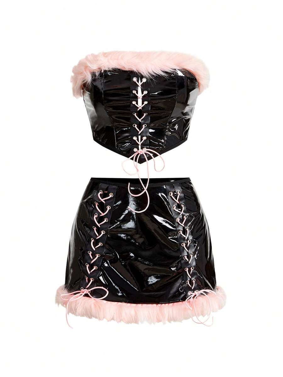 Women's 3-piece Halloween costume set featuring a strapless top, lace-up faux fur short skirt, and matching headpiece.