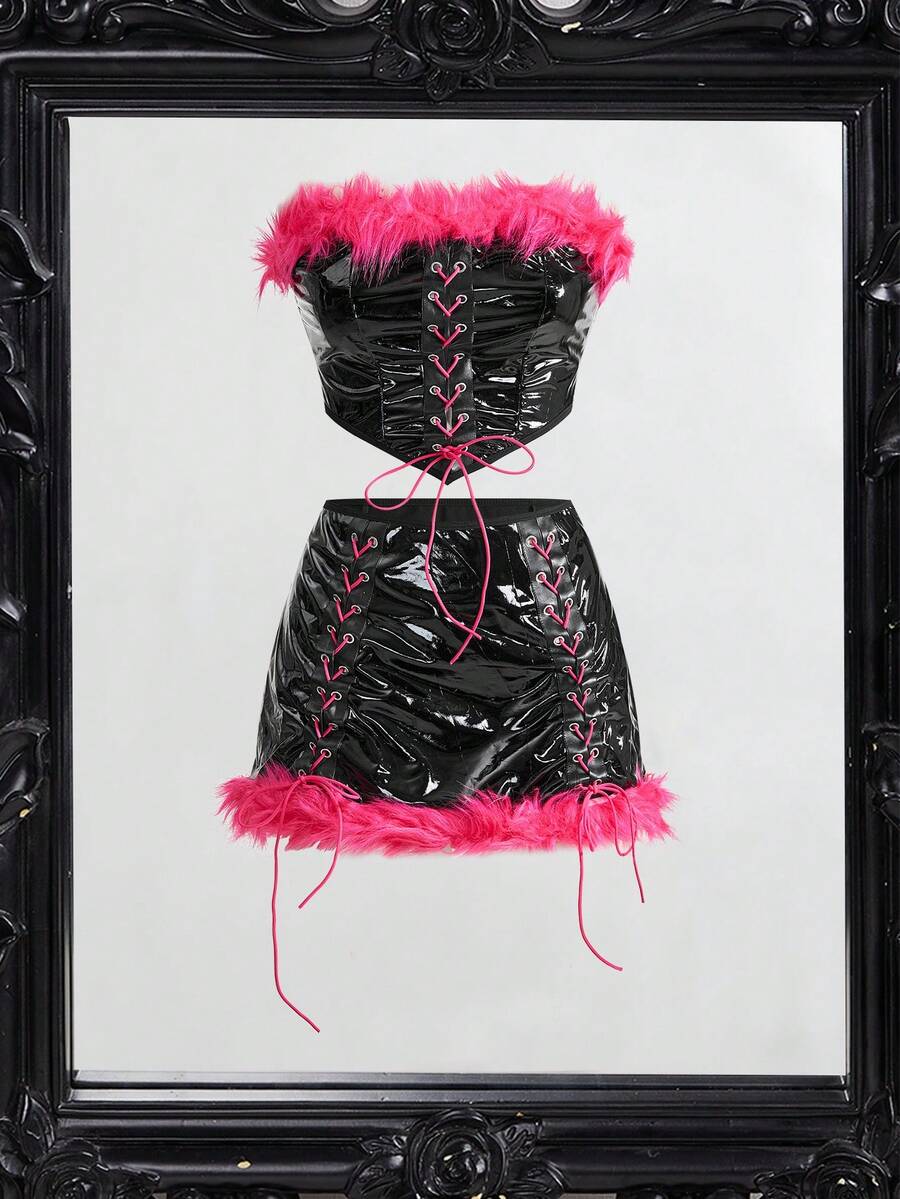 Women's 3-piece Halloween costume set featuring a strapless top, lace-up faux fur short skirt, and matching headpiece.