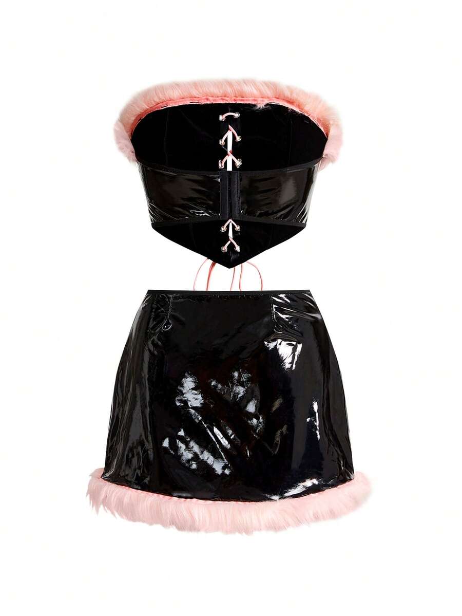 Women's 3-piece Halloween costume set featuring a strapless top, lace-up faux fur short skirt, and matching headpiece.