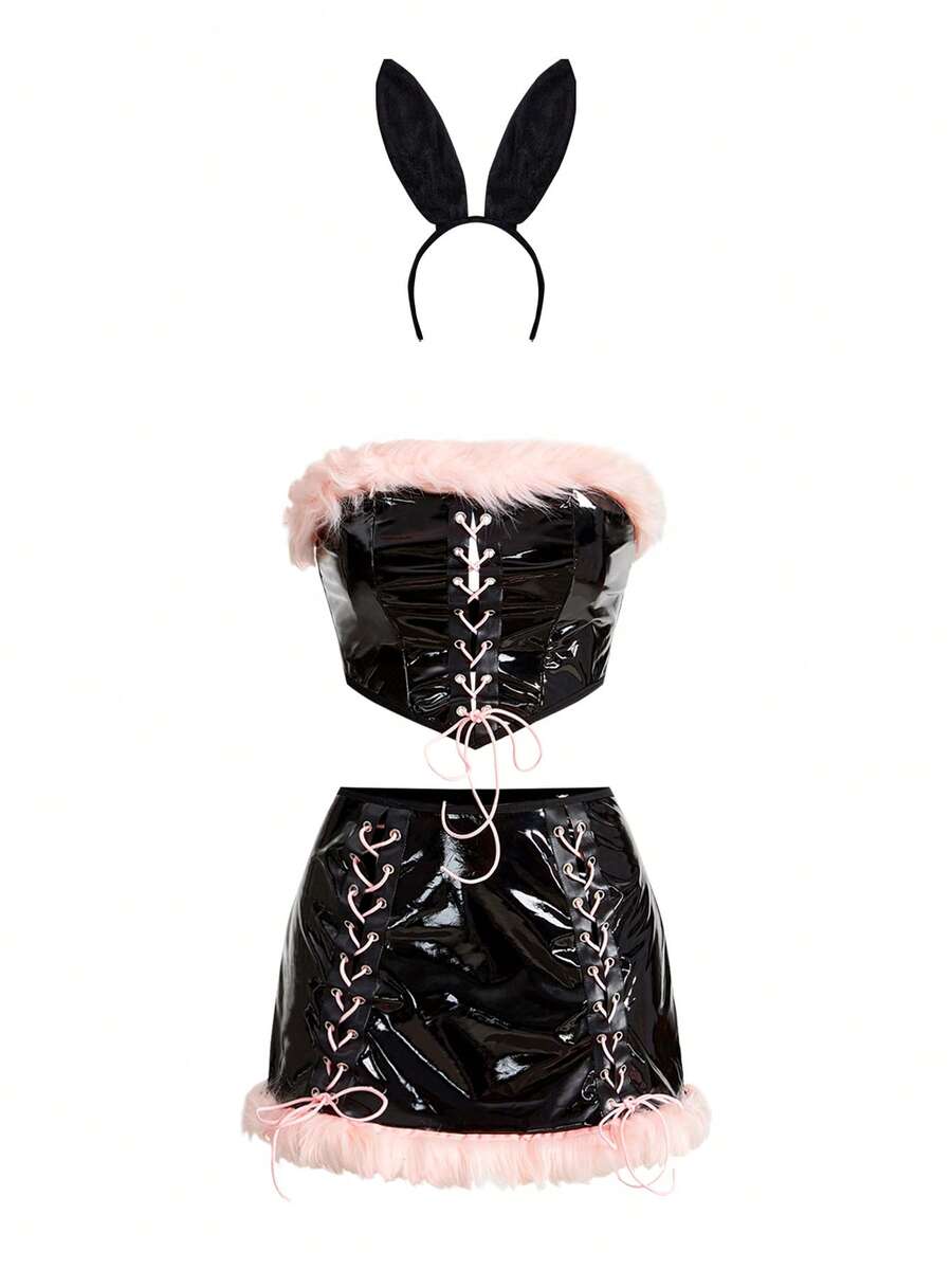 Women's 3-piece Halloween costume set featuring a strapless top, lace-up faux fur short skirt, and matching headpiece.