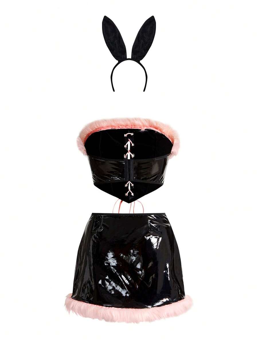 Women's 3-piece Halloween costume set featuring a strapless top, lace-up faux fur short skirt, and matching headpiece.