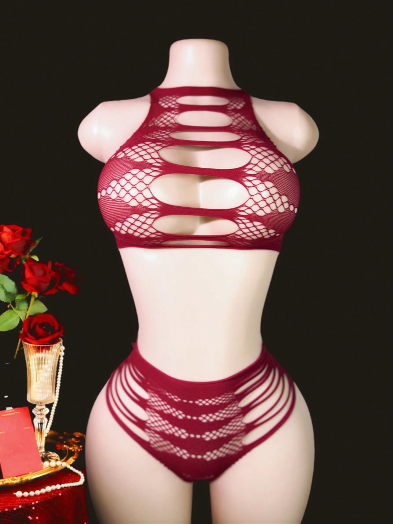 Women's 2-piece lace jumpsuit lingerie set with wireless full cup design, sleeveless crop styling, semi-sheer look, and high-stretch knitted fabric.