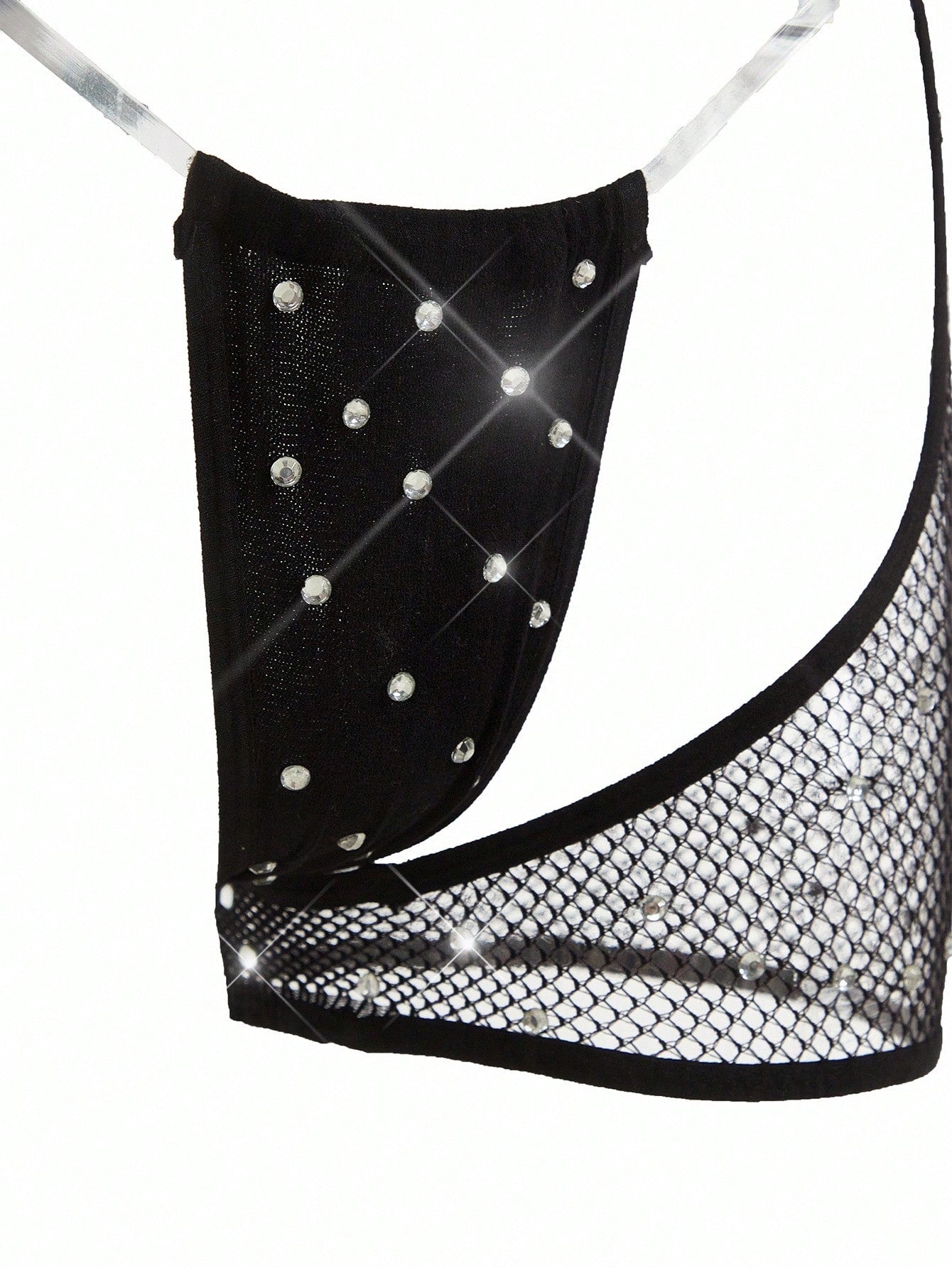 Women's 2-piece sheer lingerie set featuring an asymmetric strapless bodysuit with cut-out rhinestone details and a matching low-rise G-string thong.
