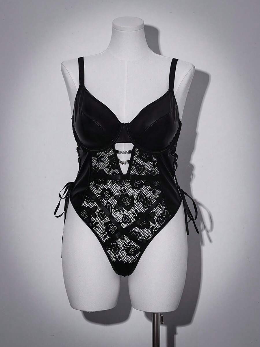 Plus size women black lace sheer bodysuit featuring backless design, bow detail, underwire support, and adjustable spaghetti straps.
