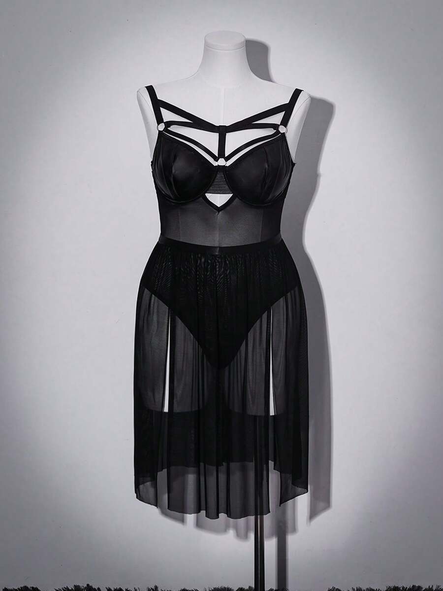 Black plus size sheer mesh babydoll lingerie featuring backless design, ring details, underwire support, and adjustable spaghetti straps.
