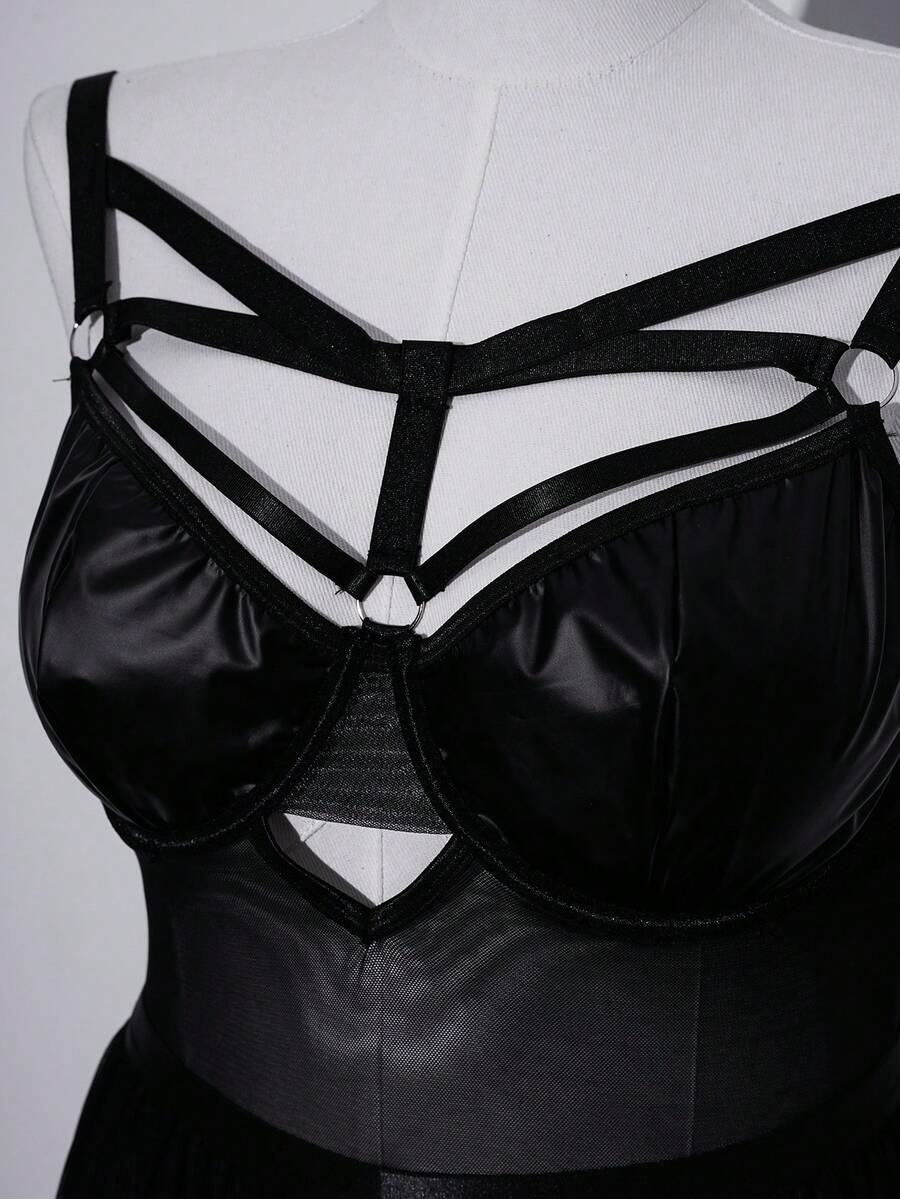 Black plus size sheer mesh babydoll lingerie featuring backless design, ring details, underwire support, and adjustable spaghetti straps.