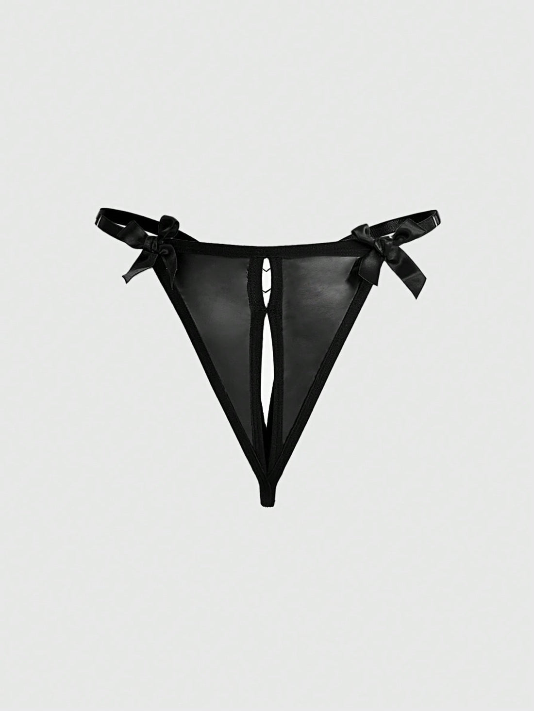 Black women's gothic crotchless thong panties featuring a PU leather bow detail and a heart metal buckle.