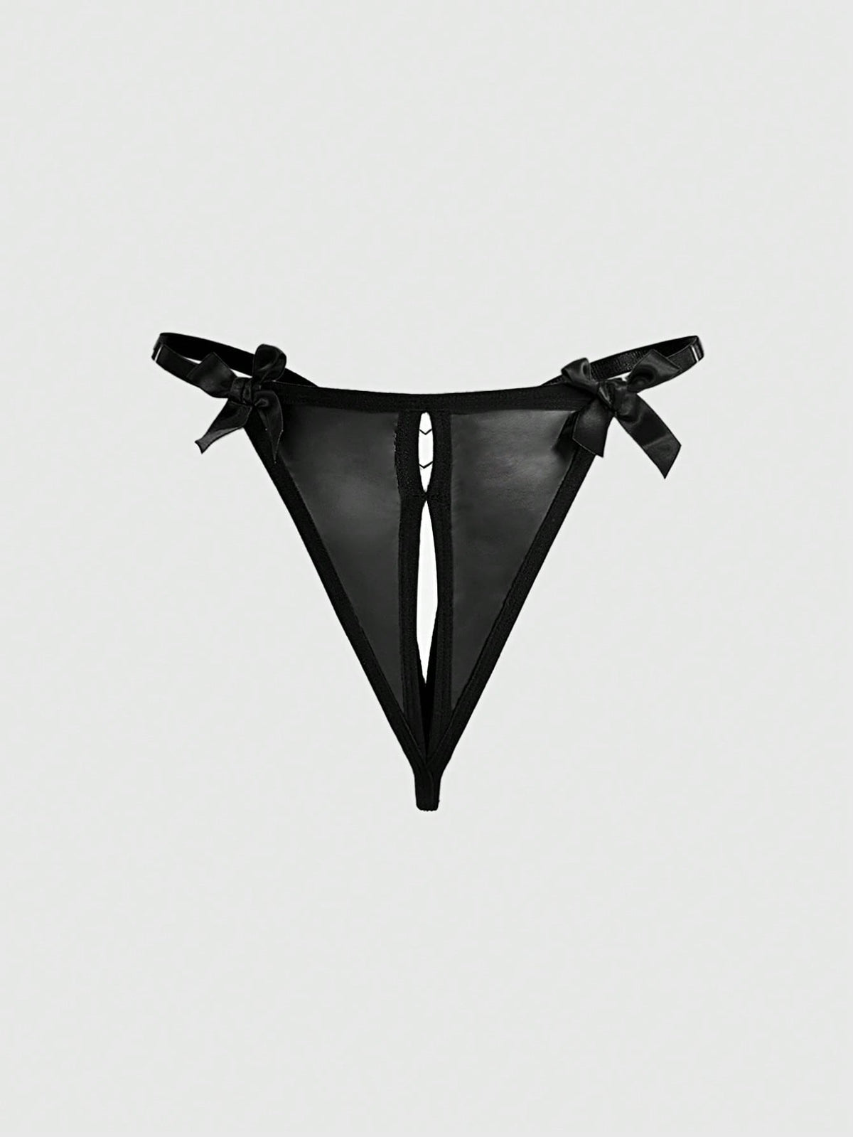 Black women's gothic crotchless thong panties featuring a PU leather bow detail and a heart metal buckle.
