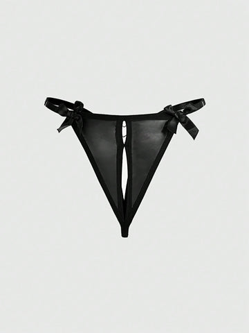 Black women's gothic crotchless thong panties featuring a PU leather bow detail and a heart metal buckle.