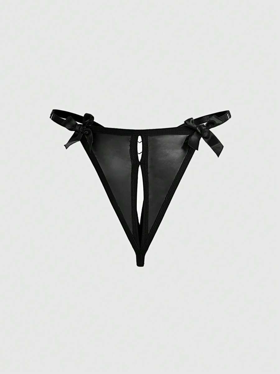 Black women's gothic crotchless thong panties featuring a PU leather bow detail and a heart metal buckle.