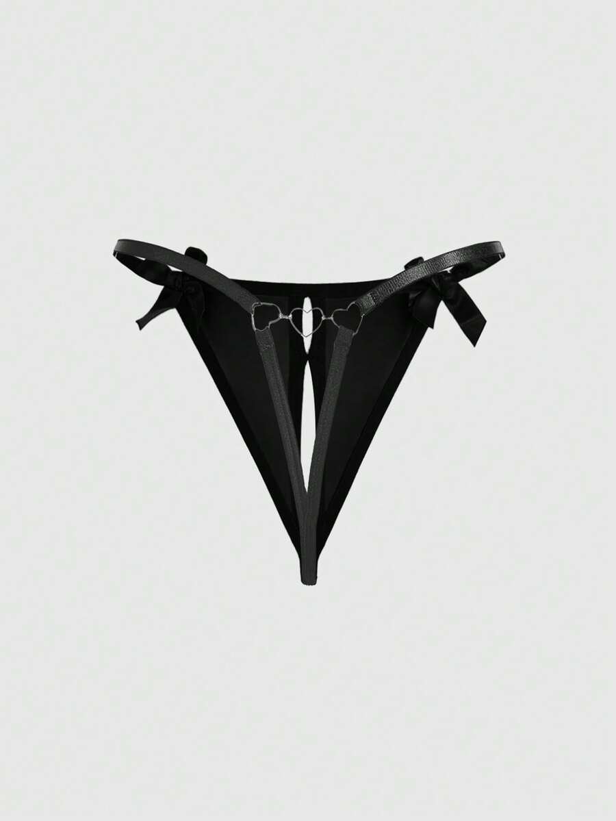 Black women's gothic crotchless thong panties featuring a PU leather bow detail and a heart metal buckle.