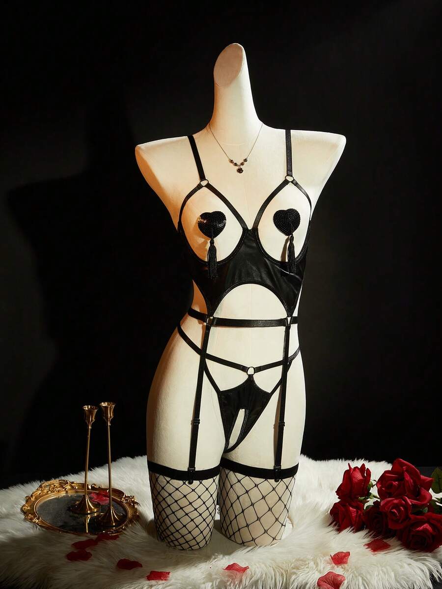Black 6-piece sexy lingerie set with sheer cut-out top, underwire support, low-rise thong, fishnet details, and nipple pasties.