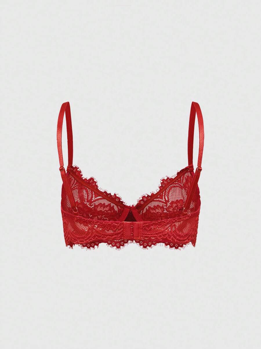 Black sheer floral lace plunge bra featuring underwire support, unlined triangle cups, adjustable straps, and a backless design for women.