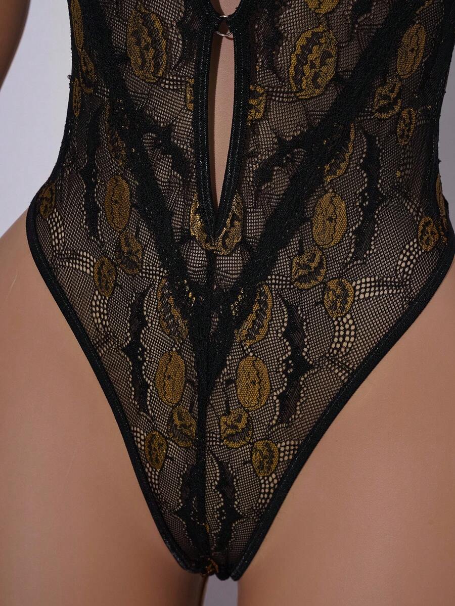 Women's sheer black lace bodysuit featuring adjustable spaghetti straps and wireless low-rise design for Halloween.