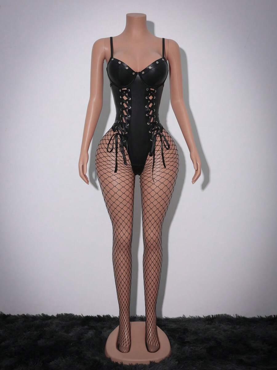 Women's black backless PU leather bodysuit with hollow out knot details, adjustable spaghetti straps, and underwire support.