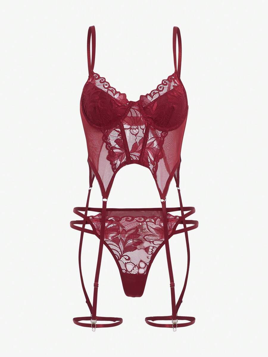 Women's black floral lace corset lingerie set featuring cut out details, underwire demi bra, adjustable straps, and matching thong.