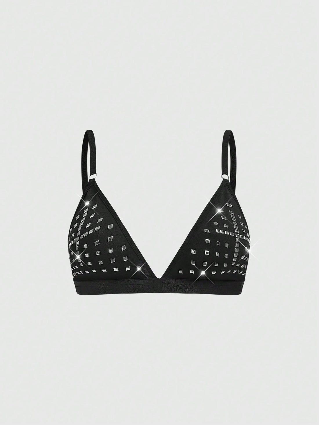 Front view of black gothic cross studded triangle bralette with adjustable spaghetti straps.