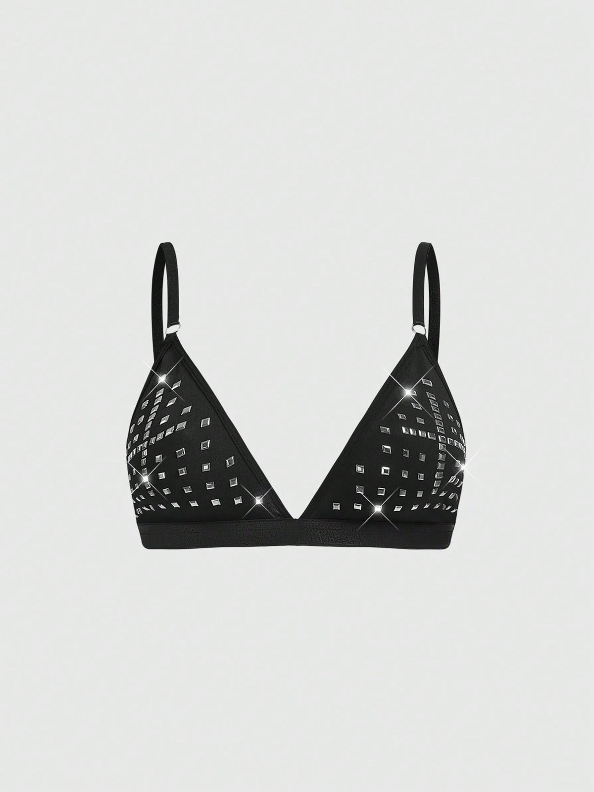 Front view of black gothic cross studded triangle bralette with adjustable spaghetti straps.