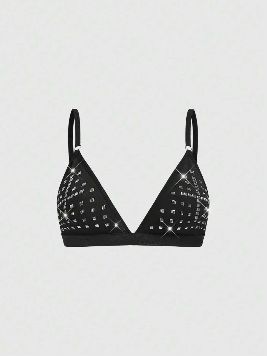 Front view of black gothic cross studded triangle bralette with adjustable spaghetti straps.