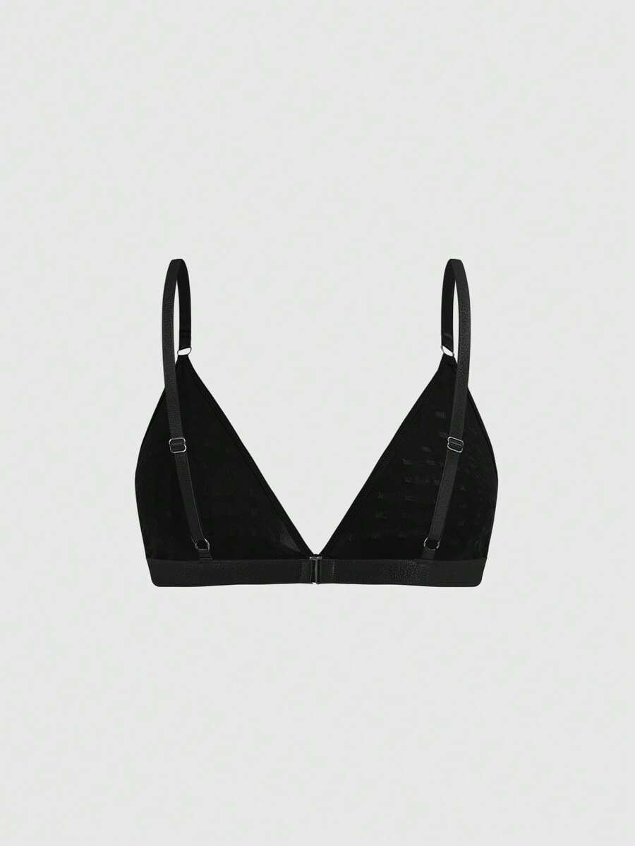 Front view of black gothic cross studded triangle bralette with adjustable spaghetti straps.