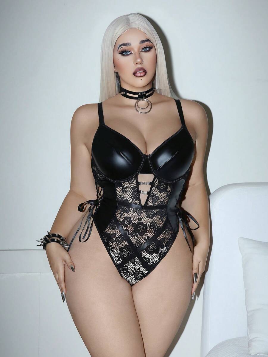 Plus size women black lace sheer bodysuit featuring backless design, bow detail, underwire support, and adjustable spaghetti straps.