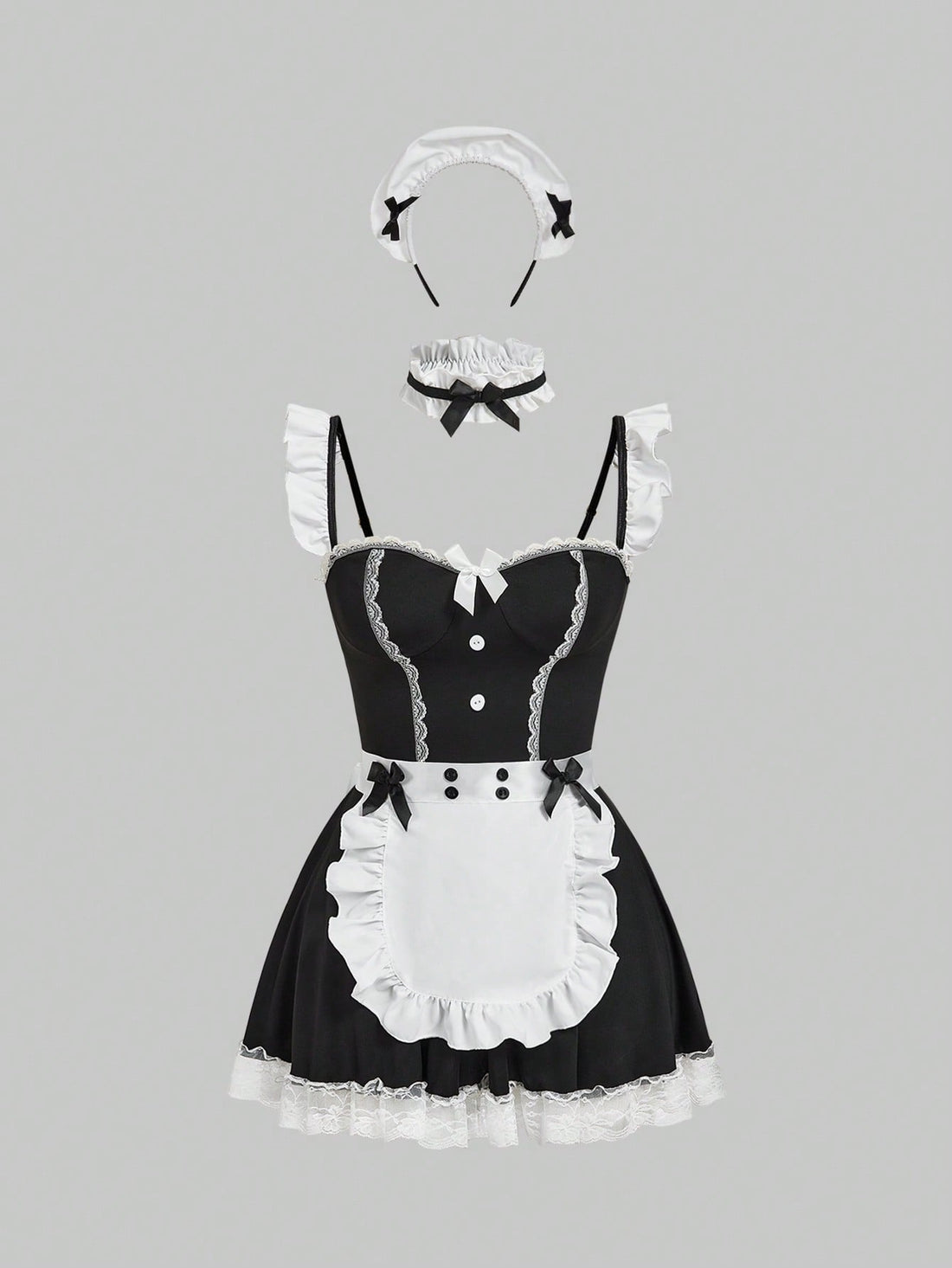 Black 3-piece gothic maid lingerie set for women featuring contrast lace trim, ruffle hem, bow details, adjustable spaghetti straps, and wireless construction.