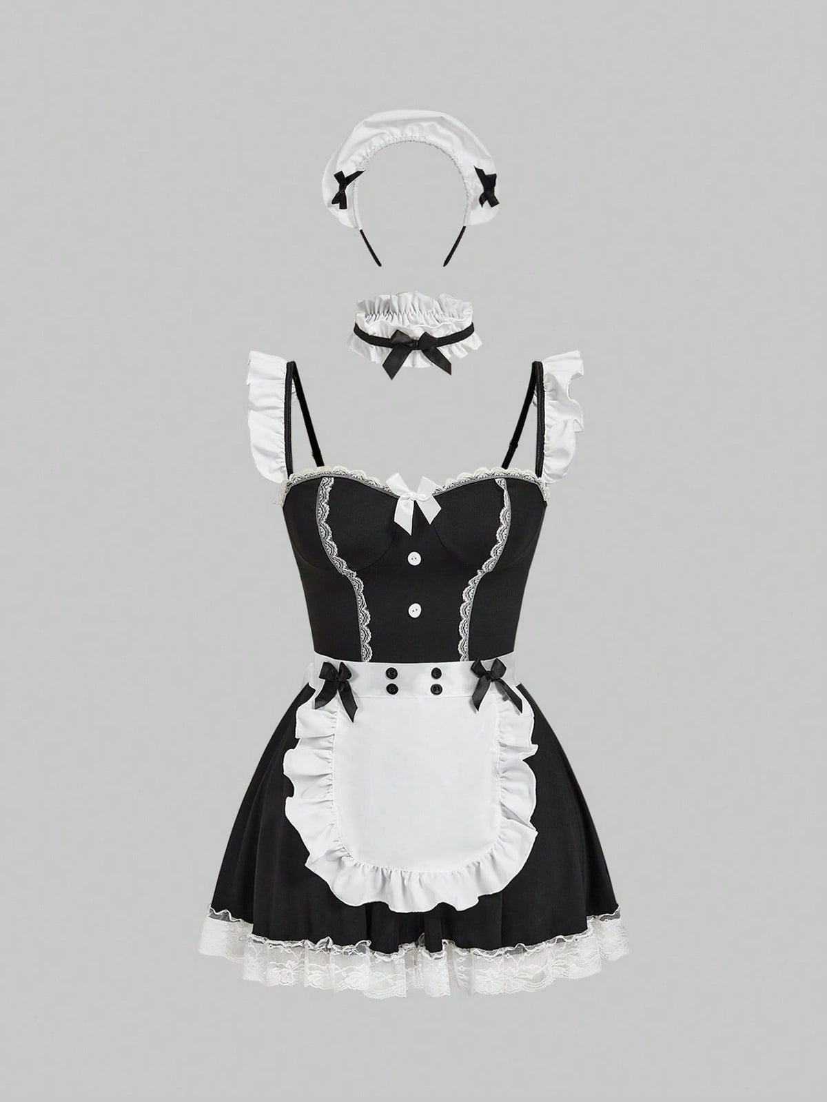Black 3-piece gothic maid lingerie set for women featuring contrast lace trim, ruffle hem, bow details, adjustable spaghetti straps, and wireless construction.