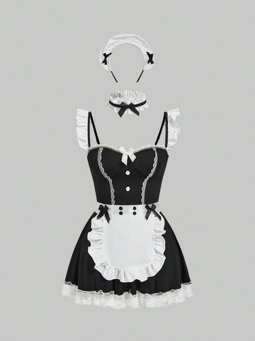 Black 3-piece gothic maid lingerie set for women featuring contrast lace trim, ruffle hem, bow details, adjustable spaghetti straps, and wireless construction.