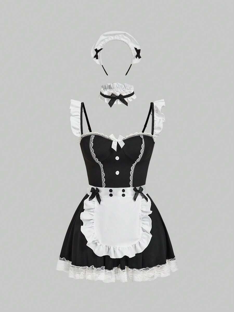 Black 3-piece gothic maid lingerie set for women featuring contrast lace trim, ruffle hem, bow details, adjustable spaghetti straps, and wireless construction.