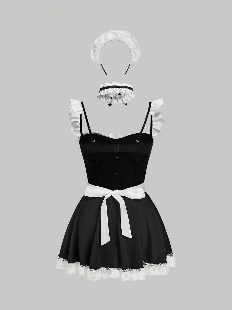 Black 3-piece gothic maid lingerie set for women featuring contrast lace trim, ruffle hem, bow details, adjustable spaghetti straps, and wireless construction.