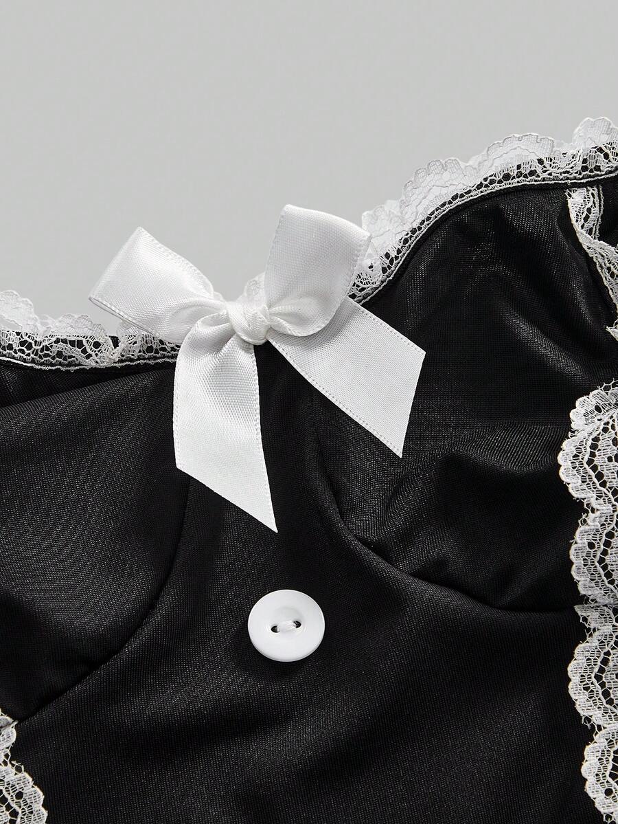 Black 3-piece gothic maid lingerie set for women featuring contrast lace trim, ruffle hem, bow details, adjustable spaghetti straps, and wireless construction.