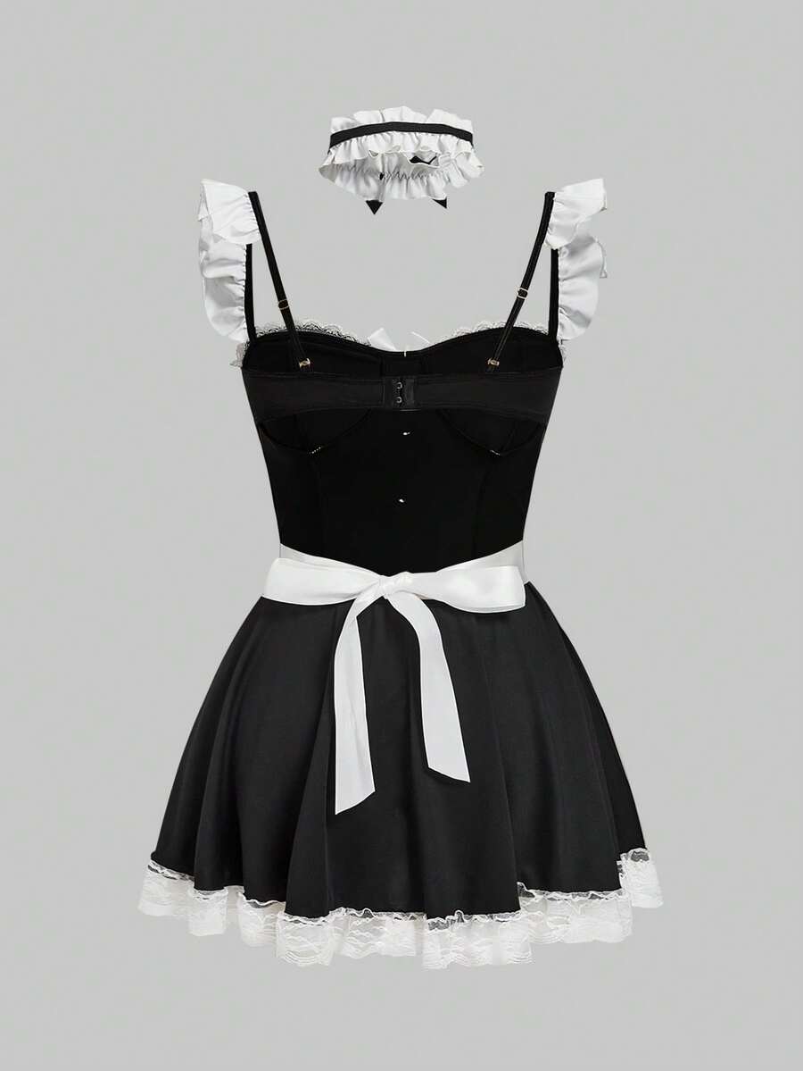 Black 3-piece gothic maid lingerie set for women featuring contrast lace trim, ruffle hem, bow details, adjustable spaghetti straps, and wireless construction.