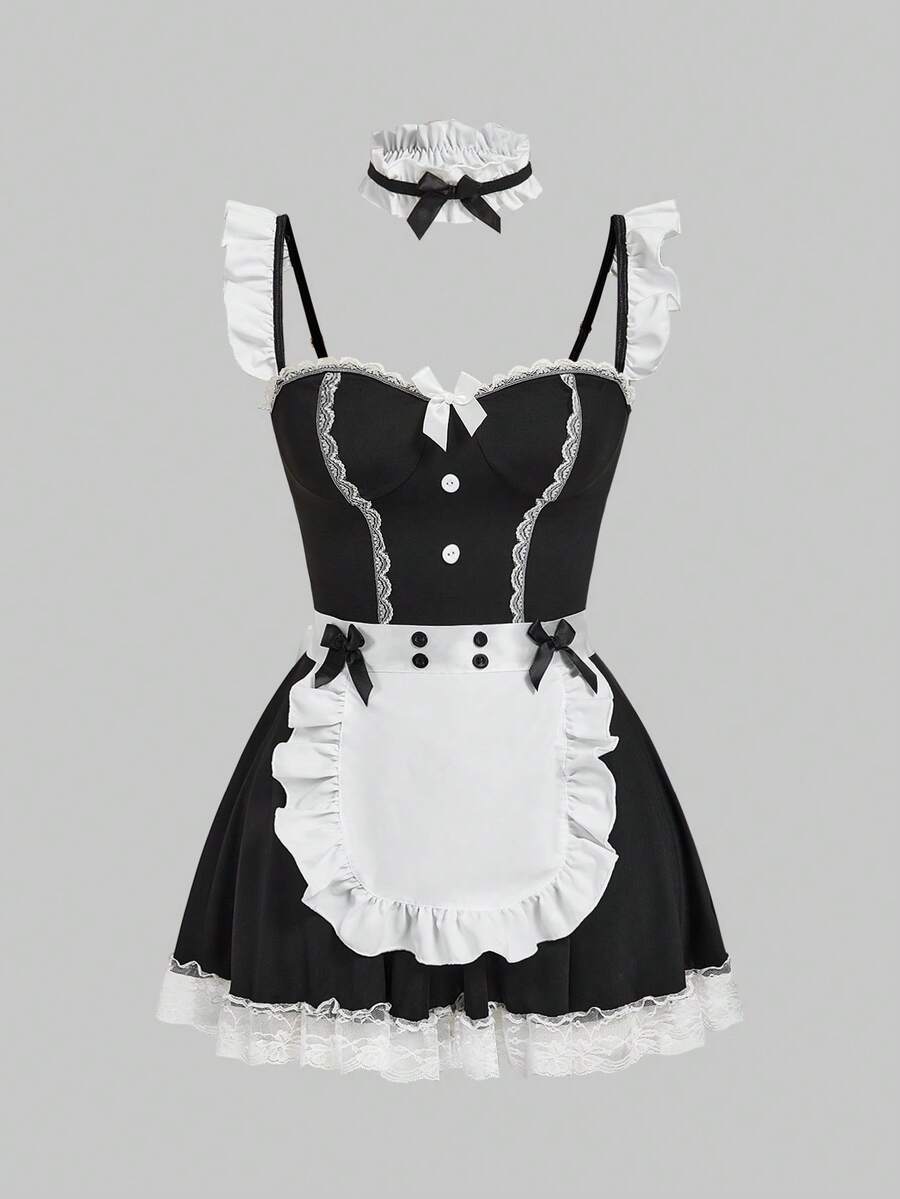 Black 3-piece gothic maid lingerie set for women featuring contrast lace trim, ruffle hem, bow details, adjustable spaghetti straps, and wireless construction.