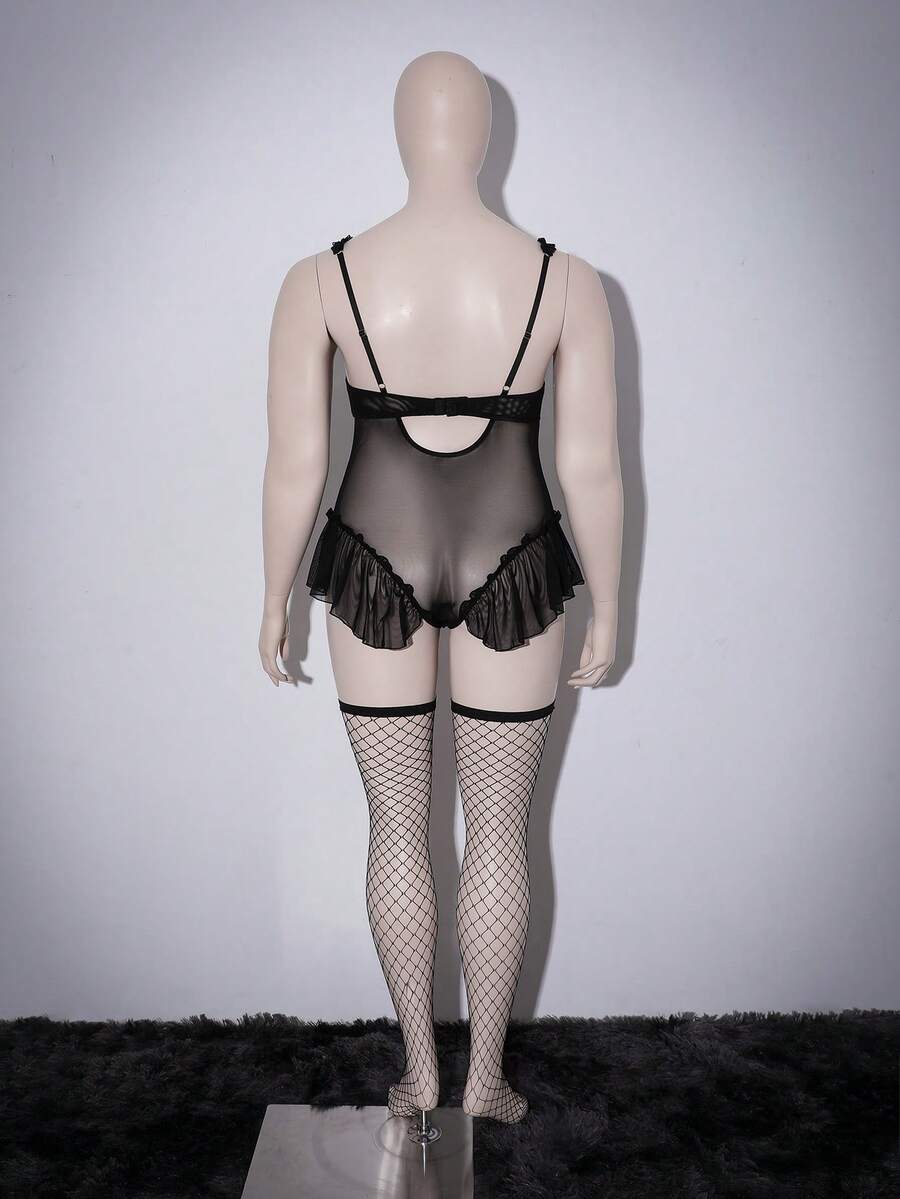Women's black lace patchwork babydoll lingerie set featuring underwire support, backless design, and adjustable straps.