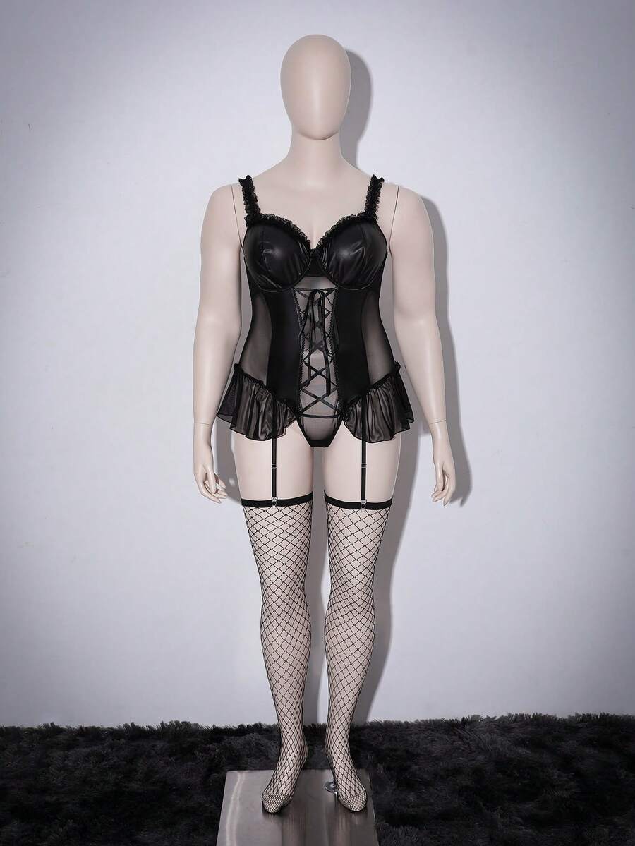 Women's black lace patchwork babydoll lingerie set featuring underwire support, backless design, and adjustable straps.